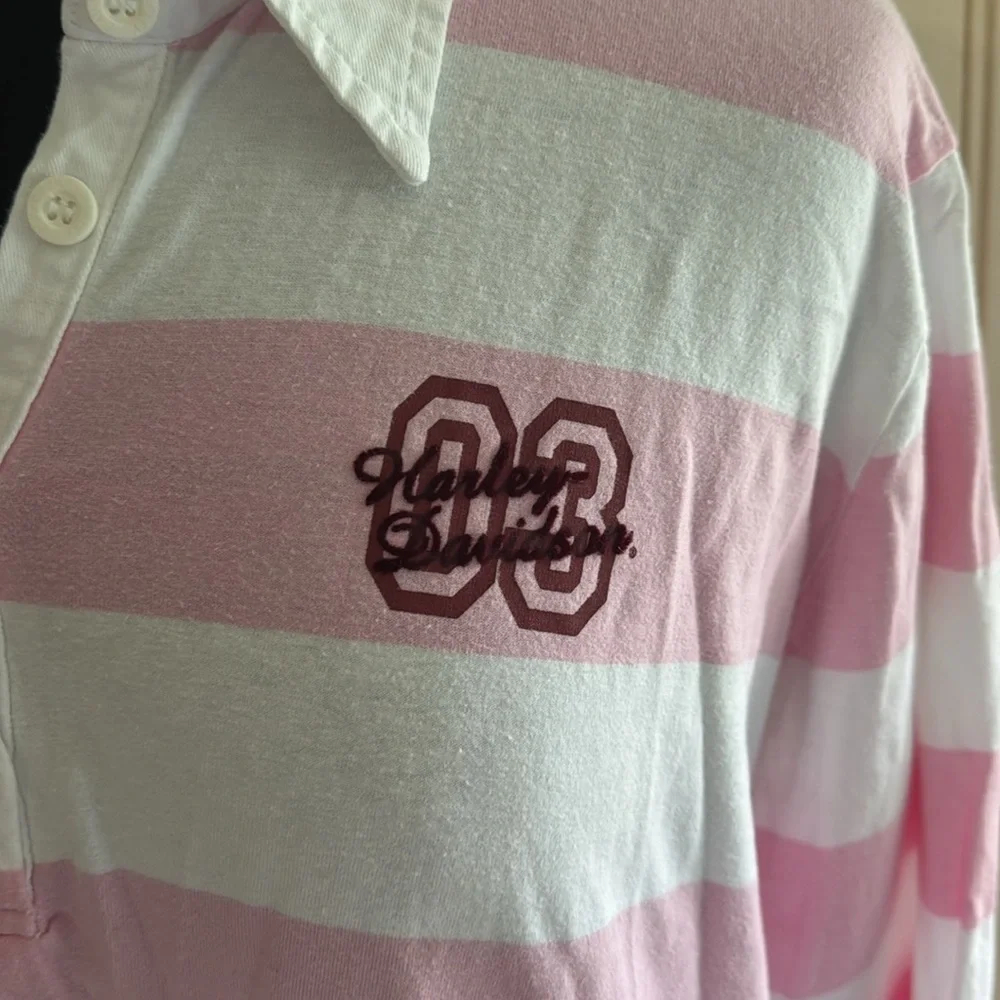 Harley-Davidson Woman’s Long  Sleeve Collard Pink and‎ White Striped Shirt - Picture 4 of 9